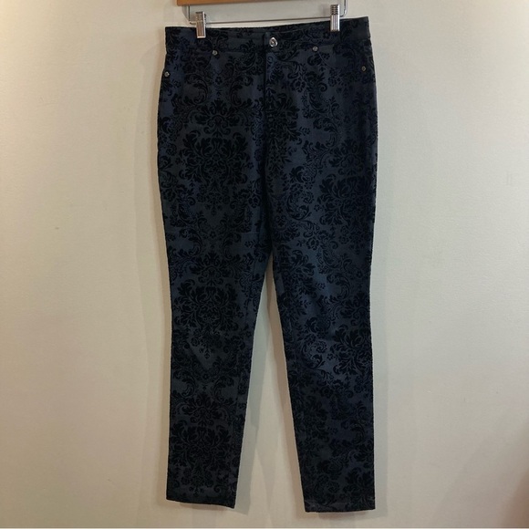 JOSEPH RIBKOFF Sz 8 Navy With Paisley Black Velvet Brocade Slim Trouser Pants - Picture 2 of 10